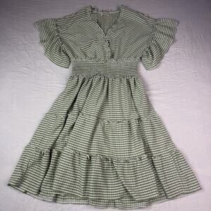Max Studio Smocked Puff Sleeve Midi Dress Size Small Green Ivory Cottage Prairie